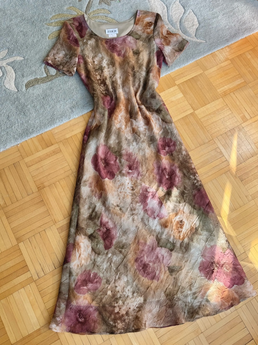 Vintage 90s Jessica Floral Crinkle Maxi Dress Size 16 Made in Canada